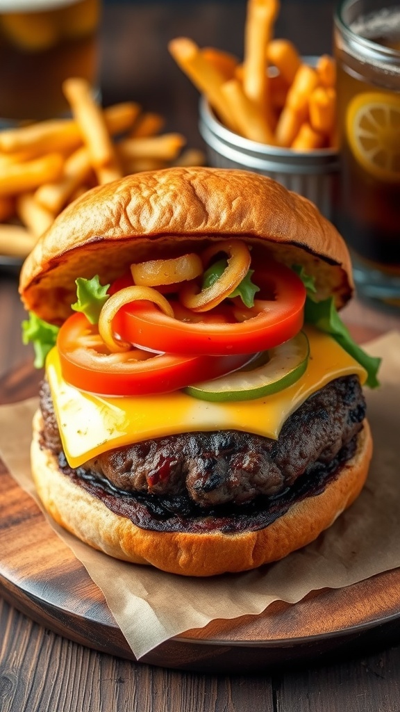 A juicy 80/20 hamburger with lettuce, tomato, onion, and cheese on a toasted bun, served with fries.